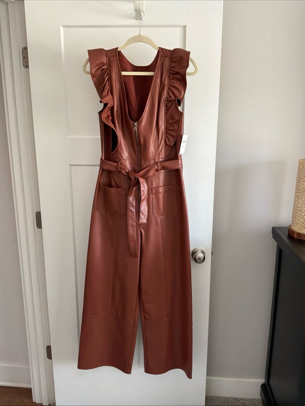 Maeve Rust Faux Leather Ruffle-Shoulder Jumpsuit